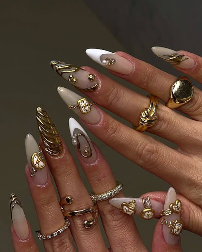 Golden Hour 3D Press On Nails with Sculpted Metallic Art and Pearl Accents