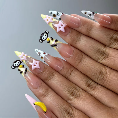 Monkey Fun 3D Press On Nails with Bananas, Stars and Cartoon Accents