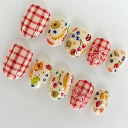 Fruity Picnic Press On Nails with Gingham and Bow Design
