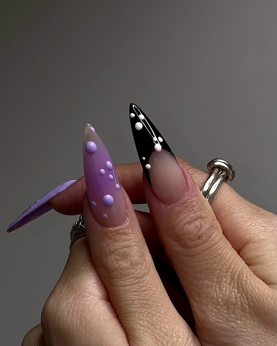 Luxury 3D Purple and Black Stiletto Press-On Nails with Abstract Design