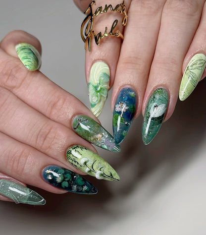 Luxury 3D Green Nature Press-On Nails with Floral Garden Art