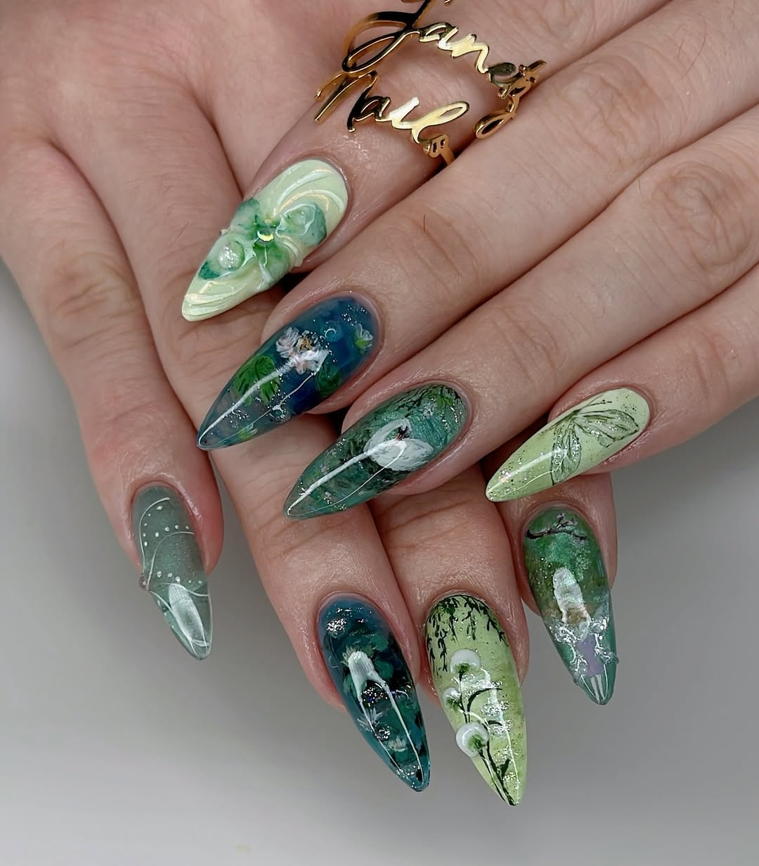 Luxury 3D Green Nature Press-On Nails with Floral Garden Art