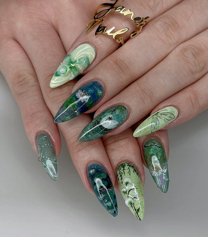Luxury 3D Green Nature Press-On Nails with Floral Garden Art
