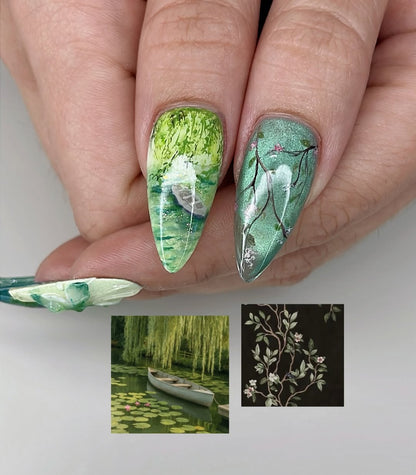 Luxury 3D Green Nature Press-On Nails with Floral Garden Art