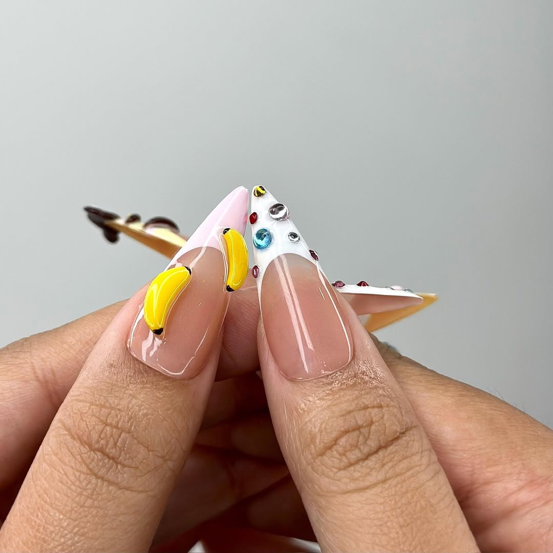 Monkey Fun 3D Press On Nails with Bananas, Stars and Cartoon Accents