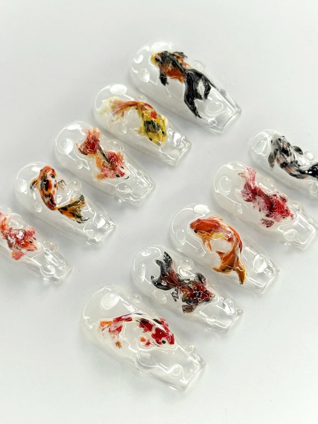 Koi Pond 3D Press On Nails with Hand Painted Fish and Water Bubble Effect