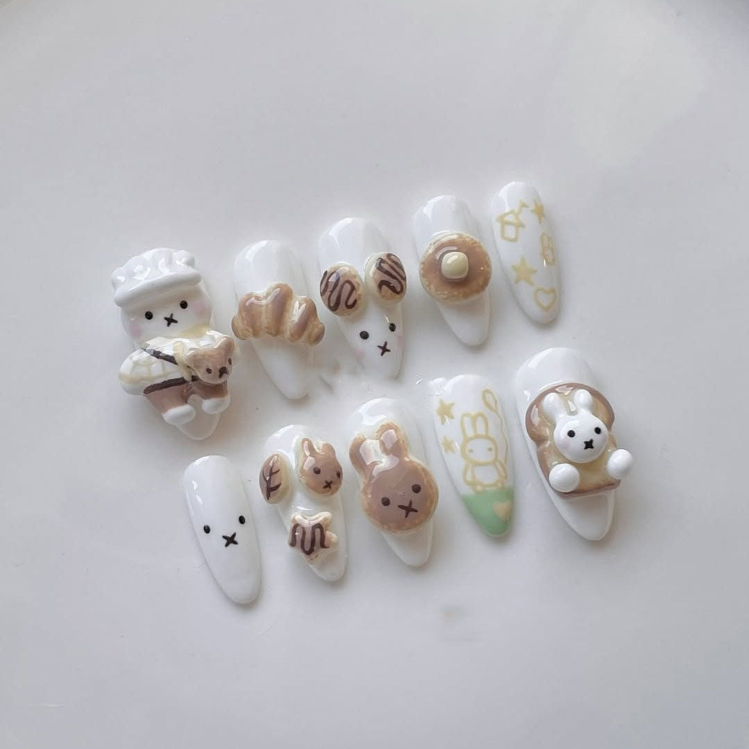Cute White and Beige 3D Press-On Nails with Bunny and Pastry Charms
