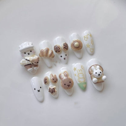 Cute White and Beige 3D Press-On Nails with Bunny and Pastry Charms