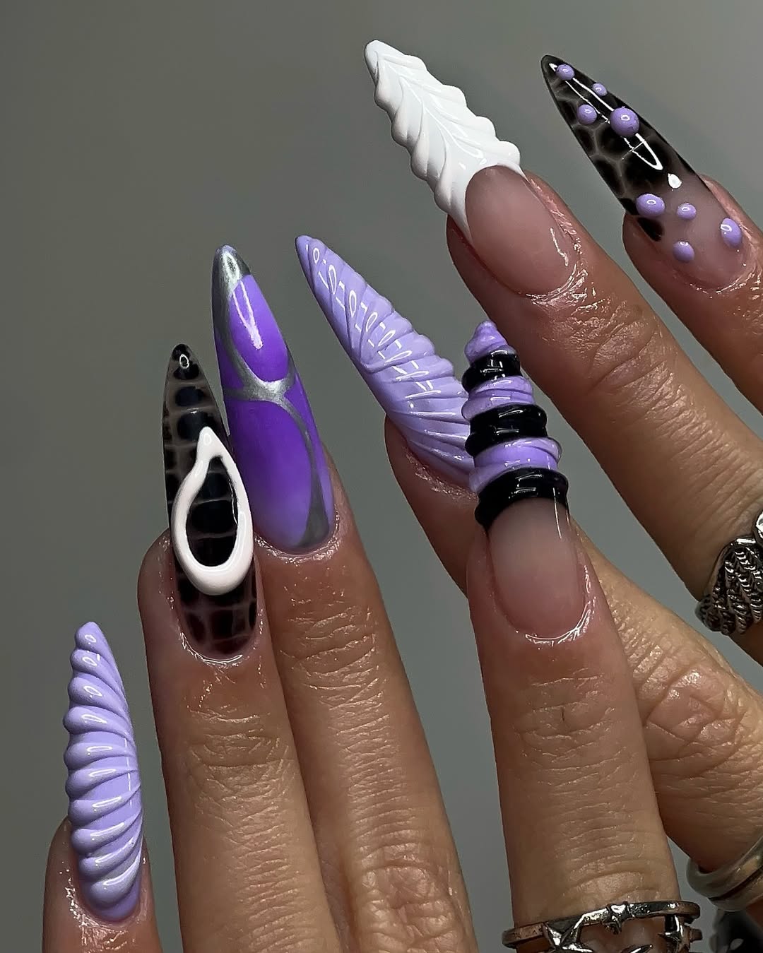 Luxury 3D Purple and Black Stiletto Press-On Nails with Abstract Design