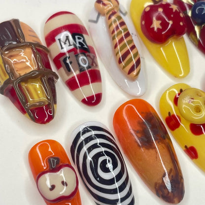 Retro Pop Art Press-On Nails with Mr. Fox Inspired 3D Details