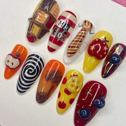 Retro Pop Art Press-On Nails with Mr. Fox Inspired 3D Details