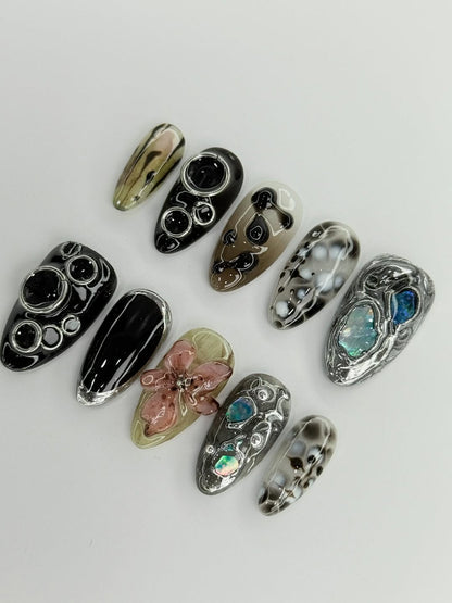 Cosmic Bloom 3D Press On Nails with Marble and Flower