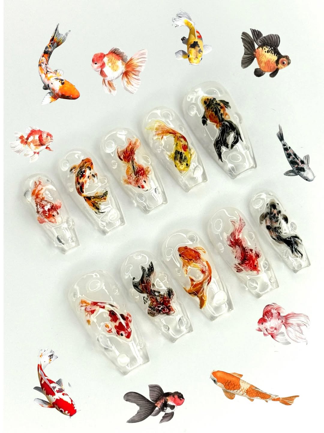 Koi Pond 3D Press On Nails with Hand Painted Fish and Water Bubble Effect