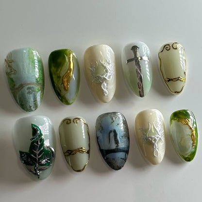 Mystical Elven Forest Press-On Nails with Fantasy Sword & Nature Art