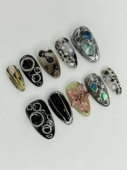 Cosmic Bloom 3D Press On Nails with Marble and Flower