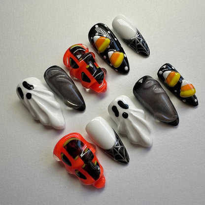 3D Halloween Press-On Nails with Ghosts, Candy Corn, and Web Designs