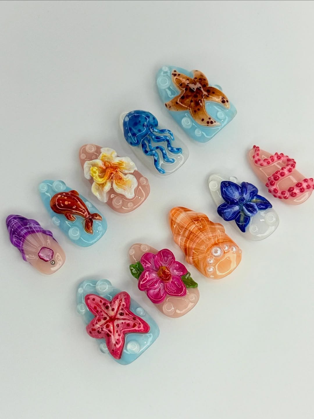 Ocean Paradise 3D Press On Nails Handmade Art Set