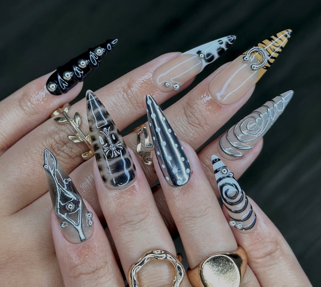 Gothic Black Silver Stiletto Press-On Nails with Cross Accents