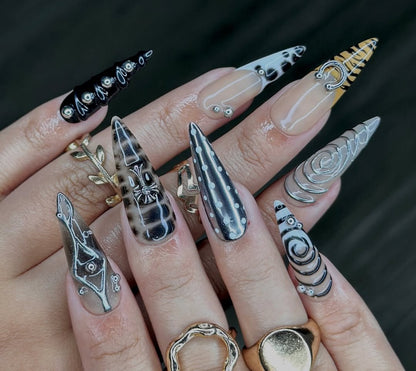 Gothic Black Silver Stiletto Press-On Nails with Cross Accents