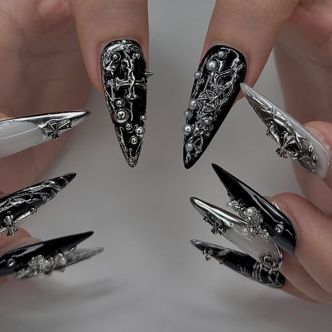 Gothic Black and Silver Press-On Nails with Cross and Baroque Accents