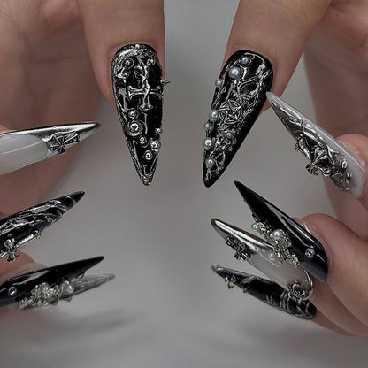 Gothic Black and Silver Press-On Nails with Cross and Baroque Accents