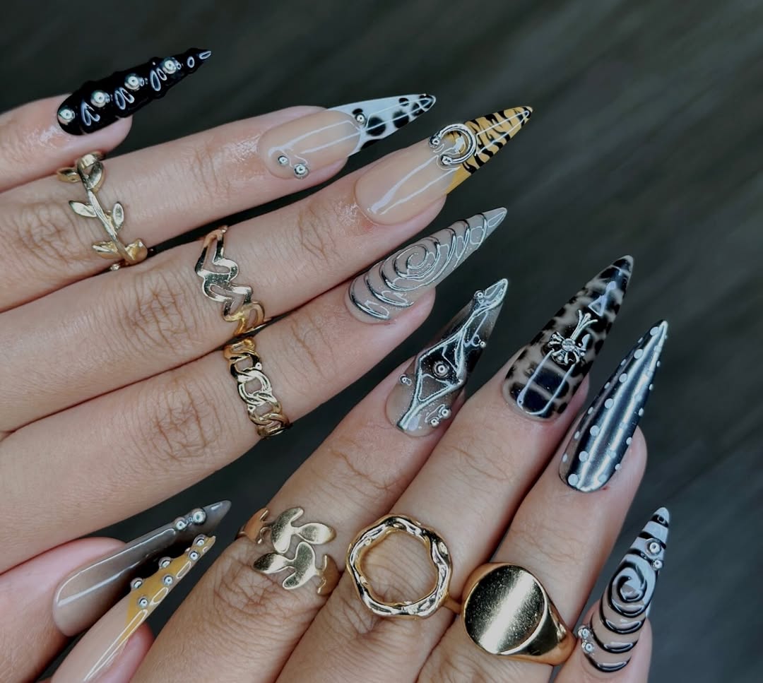 Gothic Black Silver Stiletto Press-On Nails with Cross Accents