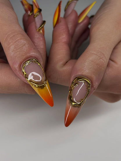 Handmade Press-On Nails with Fiery Sunset Gradient and Gold Accents