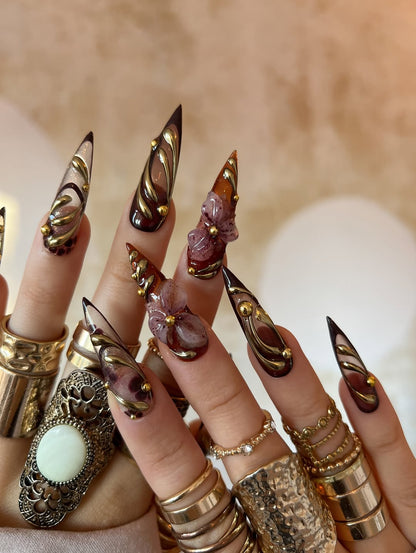 Handmade Press-On Nails with Burgundy Gold Swirls and 3D Floral Accents