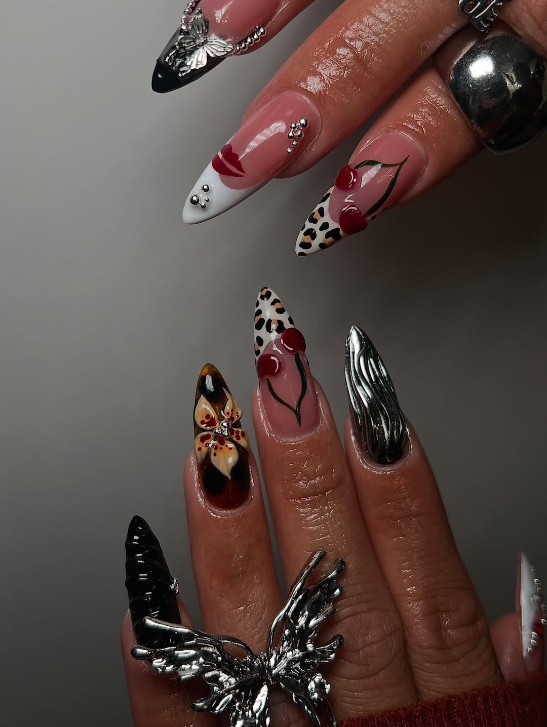 Handmade Press-On Nails with Metallic Silver and Gothic Glam Art