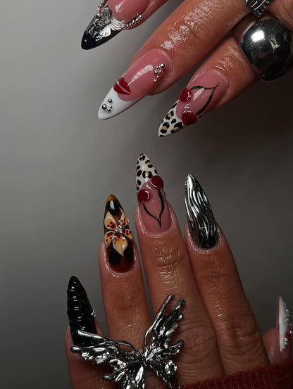 Handmade Press-On Nails with Metallic Silver and Gothic Glam Art