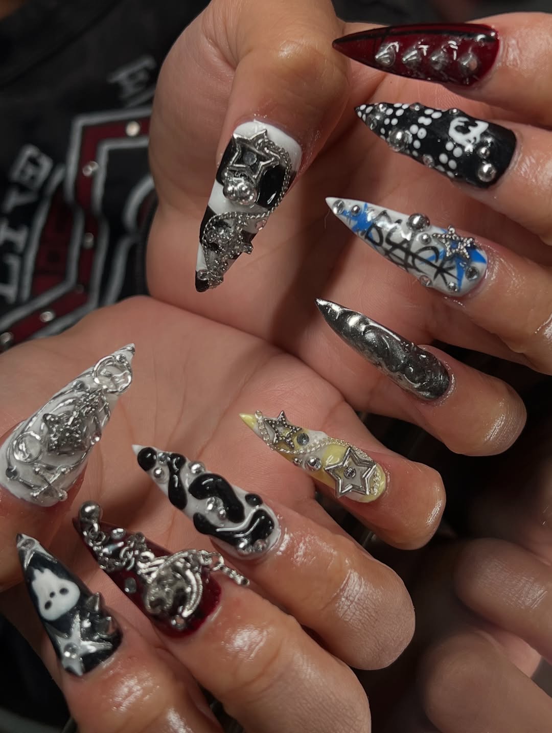 Punk Gothic Press-On Nails with Chains, Stars, Ghosts, and Graffiti Art