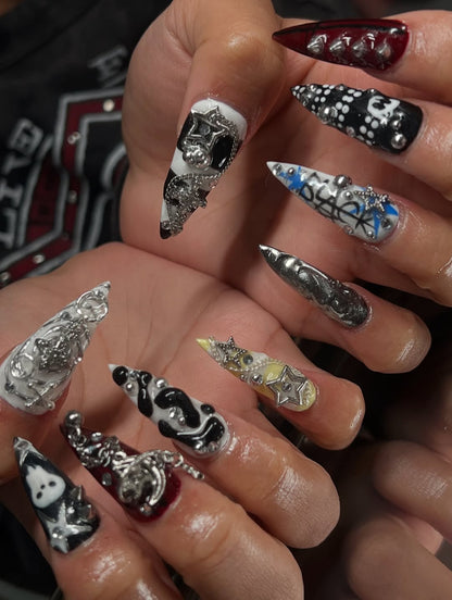 Punk Gothic Press-On Nails with Chains, Stars, Ghosts, and Graffiti Art