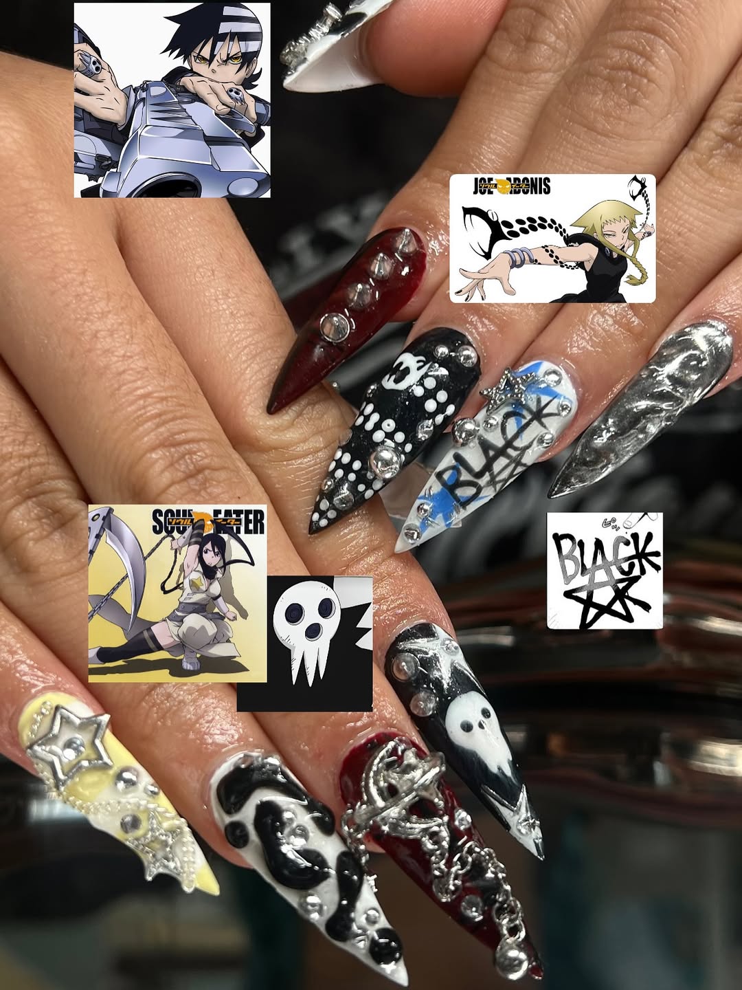 Punk Gothic Press-On Nails with Chains, Stars, Ghosts, and Graffiti Art