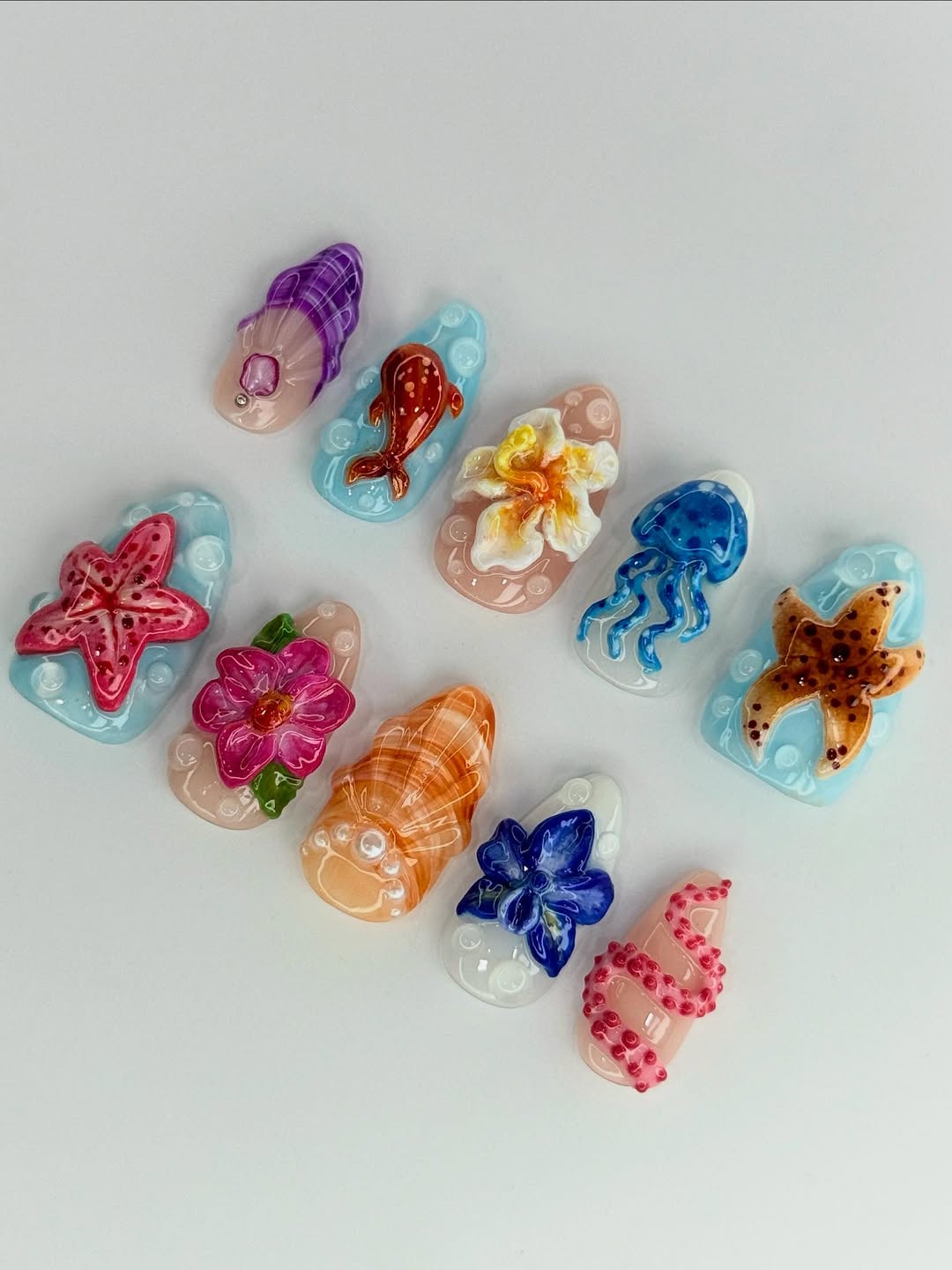 Ocean Paradise 3D Press On Nails Handmade Art Set