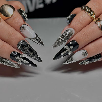 Gothic Black and Silver Press-On Nails with Cross and Baroque Accents