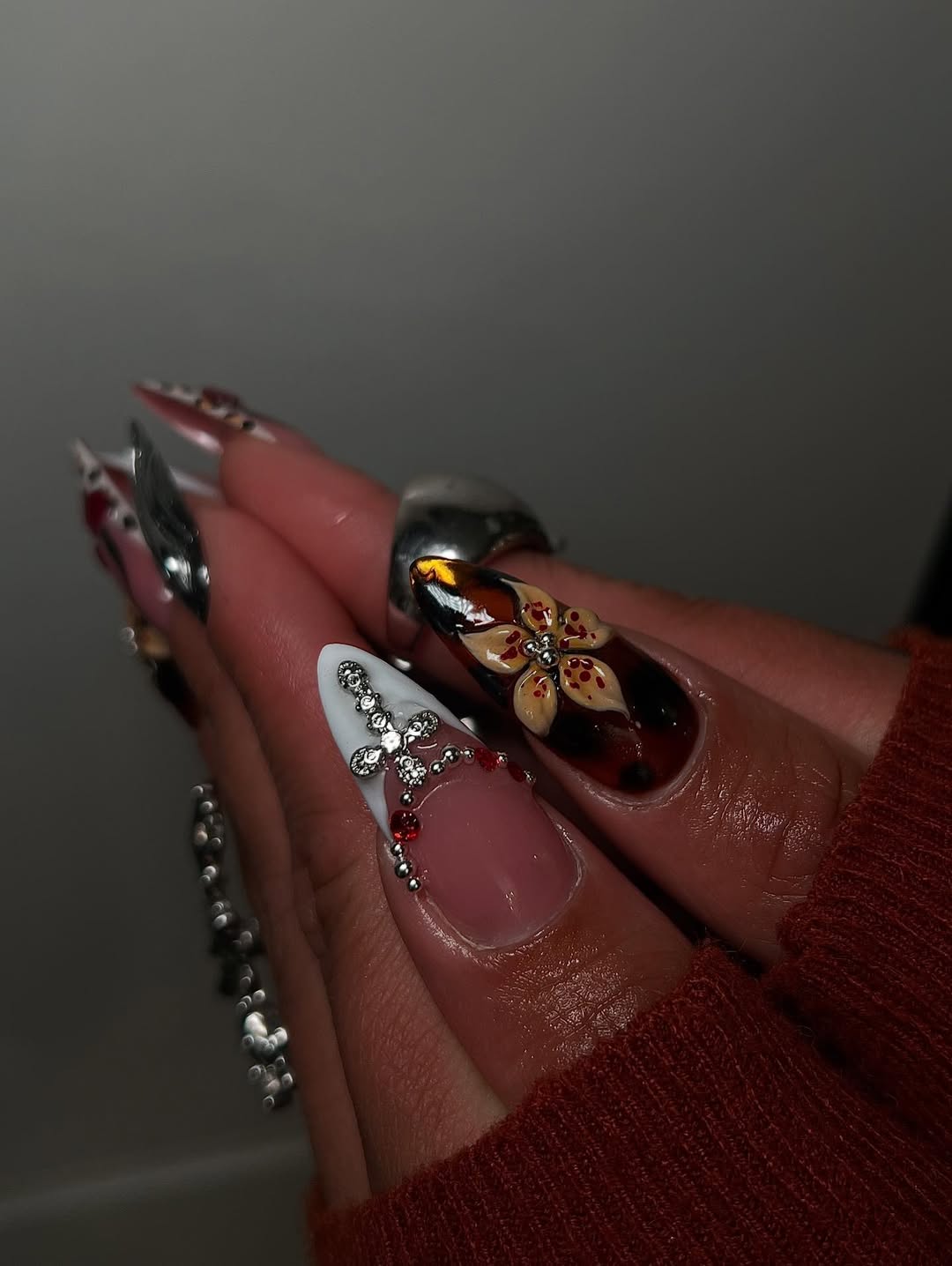 Handmade Press-On Nails with Metallic Silver and Gothic Glam Art