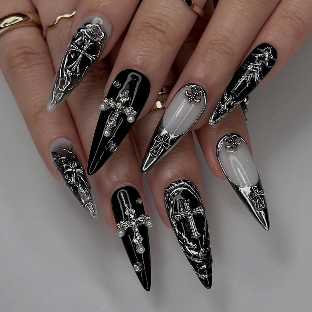Gothic Black and Silver Press-On Nails with Cross and Baroque Accents