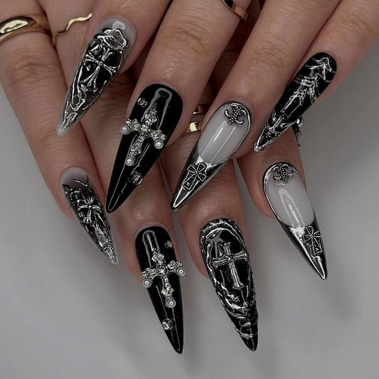 Gothic Black and Silver Press-On Nails with Cross and Baroque Accents