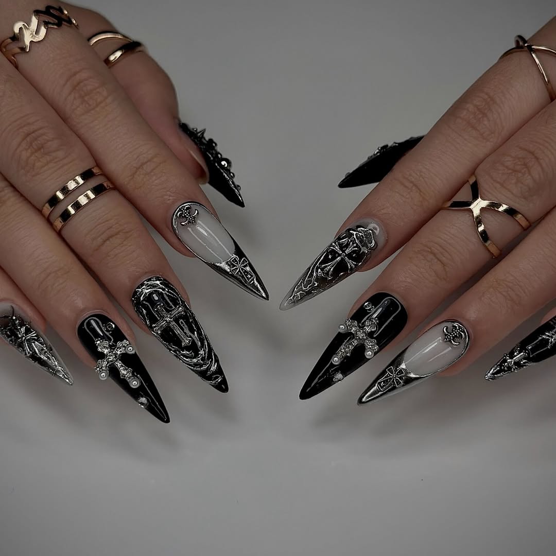 Gothic Black and Silver Press-On Nails with Cross and Baroque Accents