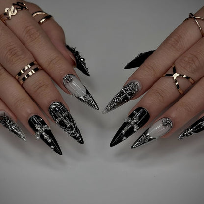Gothic Black and Silver Press-On Nails with Cross and Baroque Accents