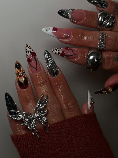 Handmade Press-On Nails with Metallic Silver and Gothic Glam Art