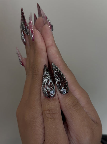 3D Gothic Silver Cross and Cameo Design Handmade Press-On Nails