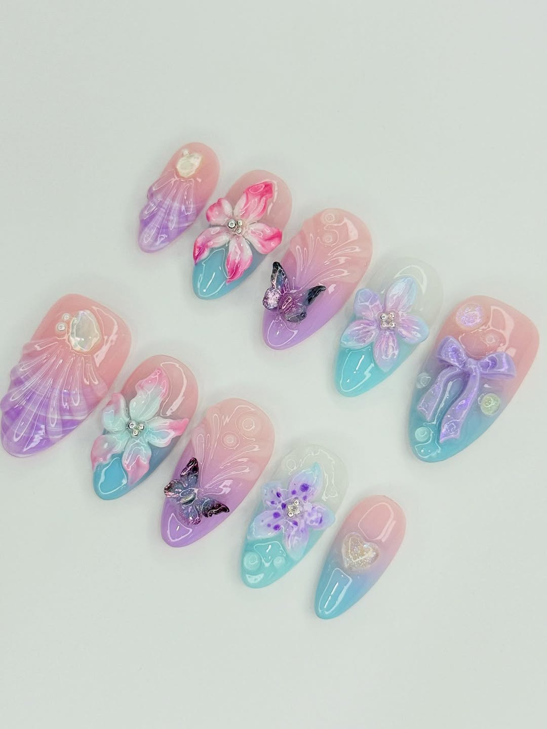 Pastel Fantasy Press-On Nails with 3D Flowers and Butterflies