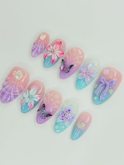 Pastel Fantasy Press-On Nails with 3D Flowers and Butterflies
