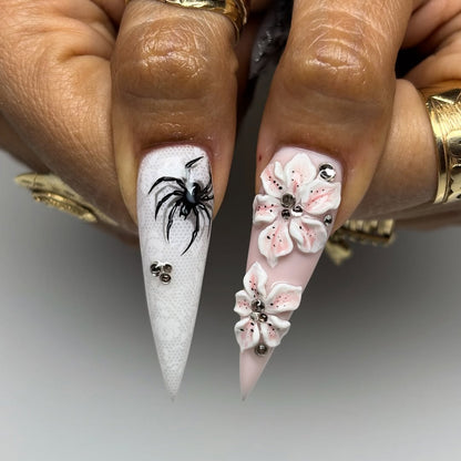 Black and White Gothic Press-On Nails with Crosses and 3D Flowers