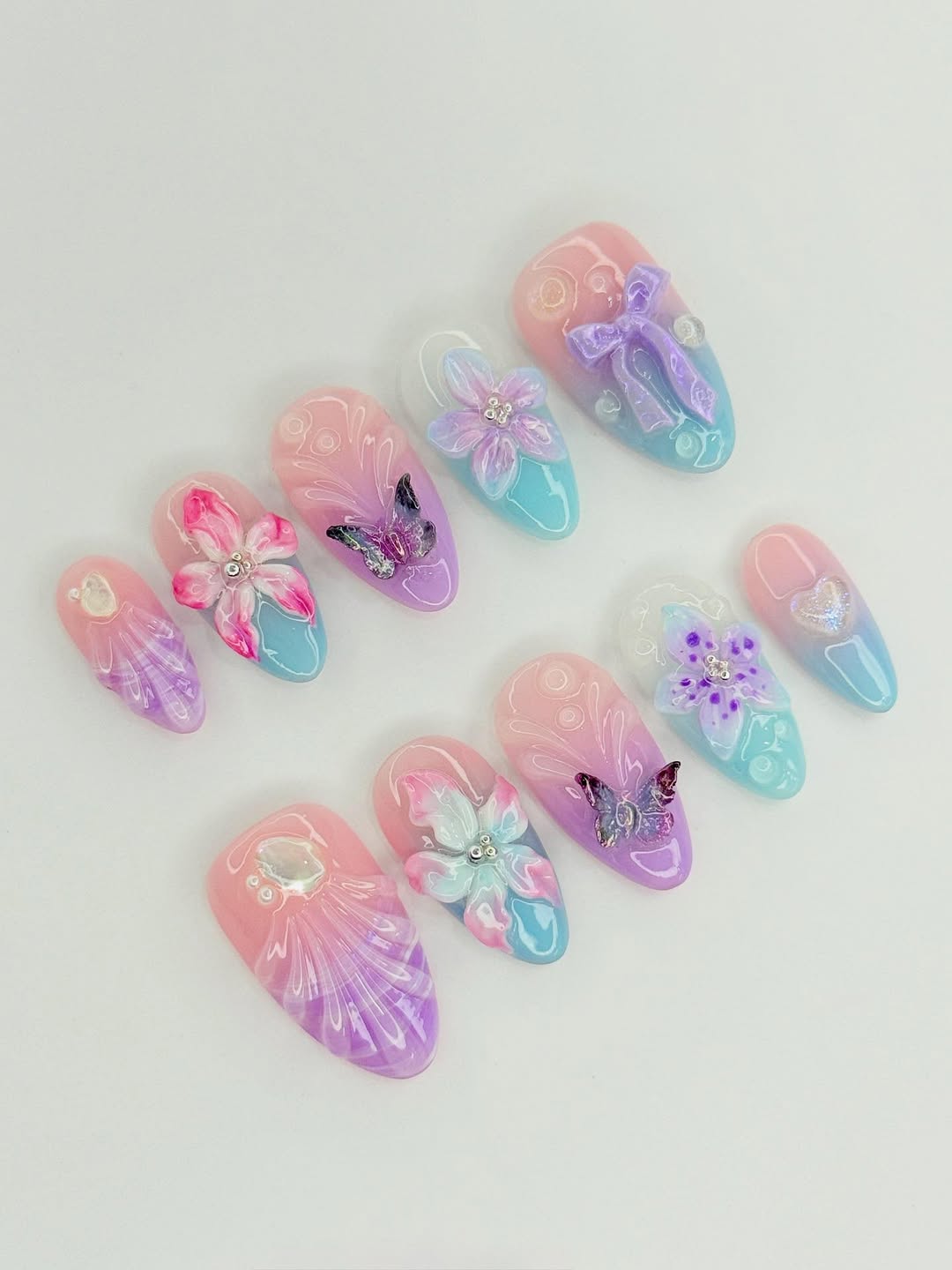 Pastel Fantasy Press-On Nails with 3D Flowers and Butterflies