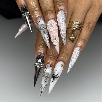 Black and White Gothic Press-On Nails with Crosses and 3D Flowers