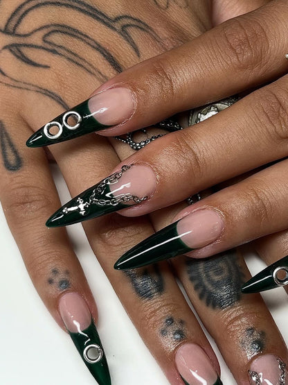 Dark Green French Tip Press-On Nails with Chains and Metal Rings