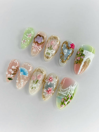 Romantic Garden Press-On Nails with Cherry Blossoms, Tulips, and Bridge Art