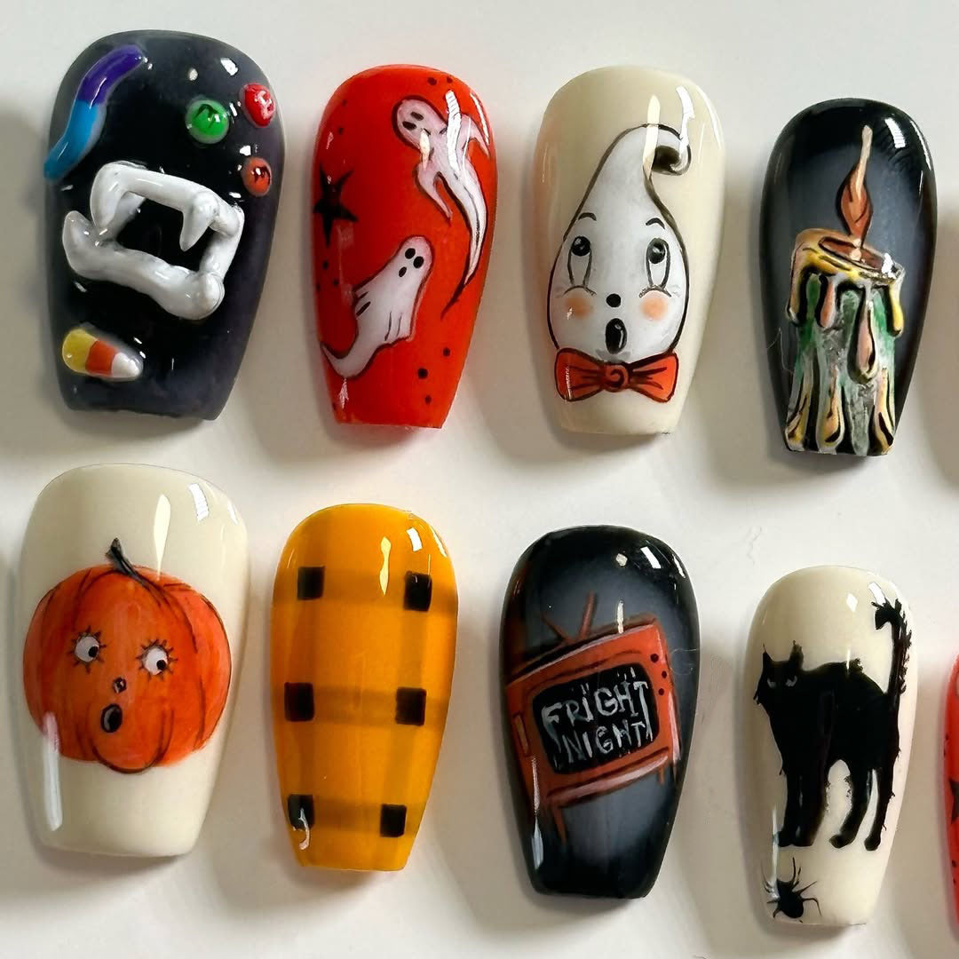 Spooky Halloween Ghost Pumpkin Cat Press On Nails